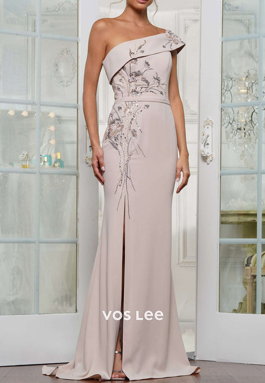 One Shoulder Sequins Embellished Sheath Mother of Bride Dresses with High Split