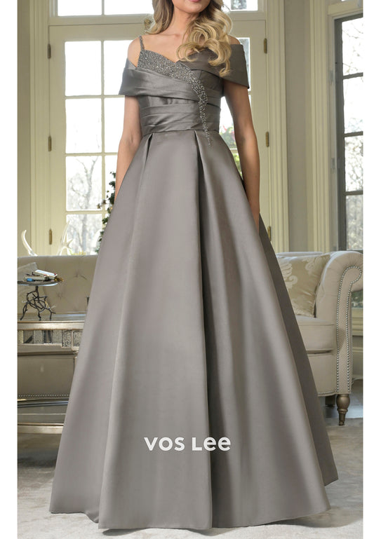 A-Line Off the Shoulder Rhinestone Floor-Length Pleated Mother of Bride Dresses