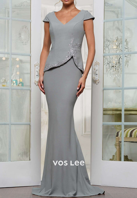 Two Pieces Cap Sleeves V Neck Pleated Mermaid Mother of Bride Dresses with Sweep Train