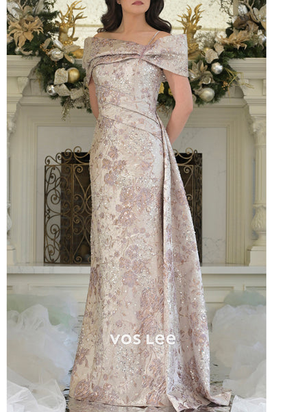 Off the Shoulder Floral Embellished Pleated Floor-Length Mermaid Mother of Bride Dresses