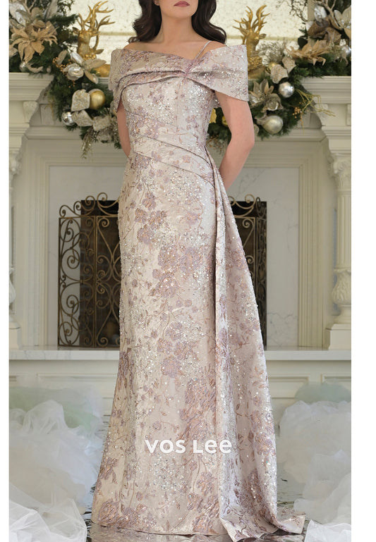 Off the Shoulder Floral Embellished Pleated Floor-Length Mermaid Mother of Bride Dresses