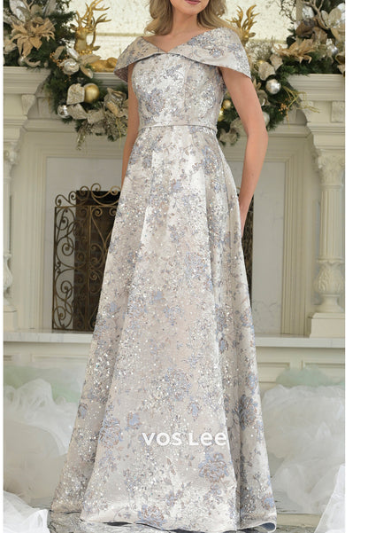 A-Line Cap Sleeves V Neck Floral Embellished Pleated Mother of Bride Dresses