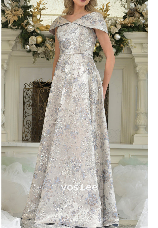 A-Line Cap Sleeves V Neck Floral Embellished Pleated Mother of Bride Dresses