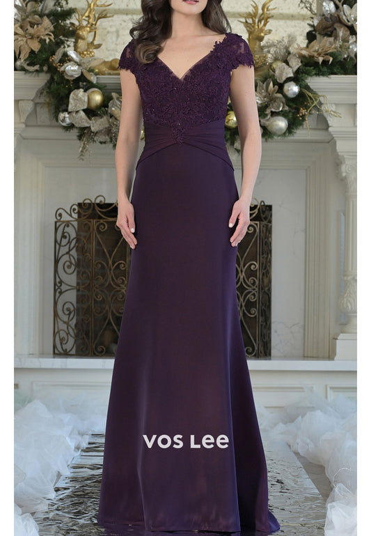 Sexy and Sleek Cap Sleeves V Neck Appliques Lace Sheath Mother of Bride Dresses