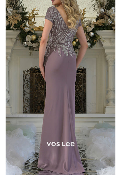 Short Sleeve V Neck Beaded Embellished Pleated Mermaid Mother of Bride Dresses