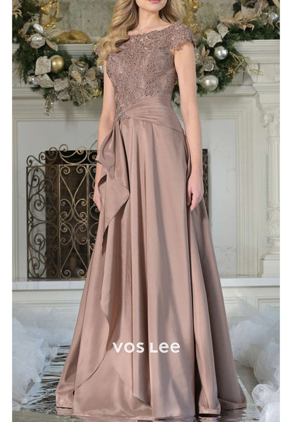 A-Line Cap Sleeves Scoop Appliques Lace Pleated Floor-Length Mother of Bride Dresses