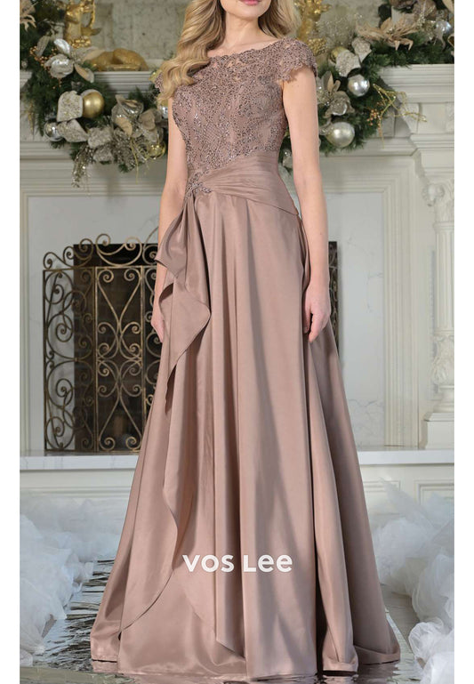 A-Line Cap Sleeves Scoop Appliques Lace Pleated Floor-Length Mother of Bride Dresses