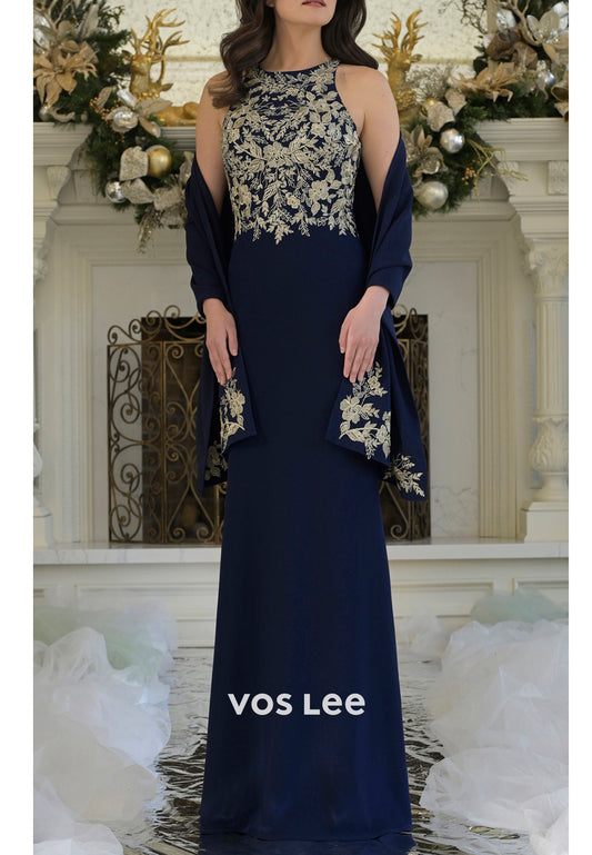 Glamorous & Dramatic Halter Appliqued Embellished Pleated Sheath Mother of Bride Dresses