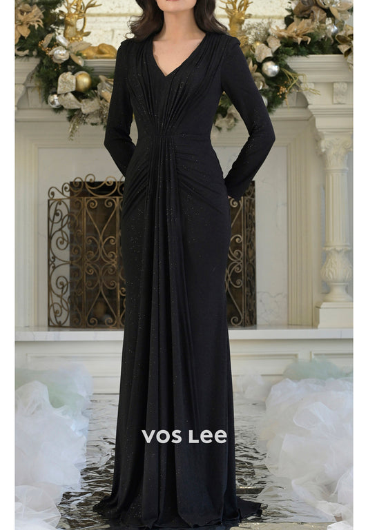Classic & Timeless Long Sleeve V Neck Pleated Sheath Mother of Bride Dresses