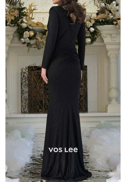 Classic & Timeless Long Sleeve V Neck Pleated Sheath Mother of Bride Dresses