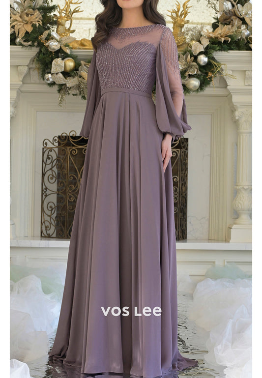 A-Line Long Sleeve Illusion Neck Rhinestone Pleated Mother of Bride Dresses