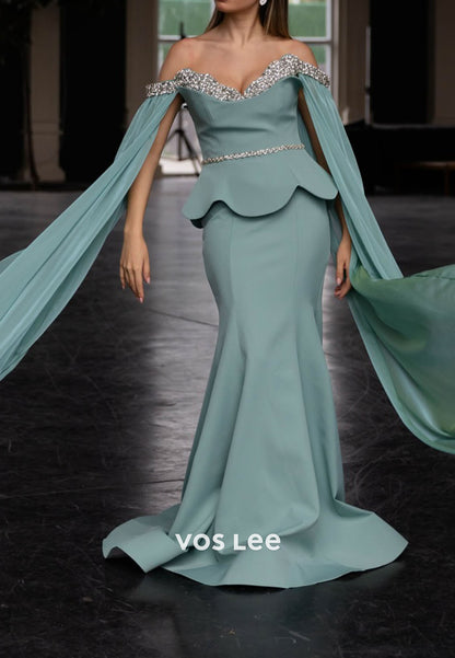 Luxury Diamonds Off the Shoulder Mermaid Floor-Length Evening Dresses With Special Sleeves