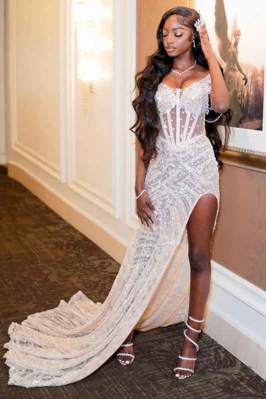 Sweetheart  Mermaid High Split Court Train Sparkle Prom Dresses