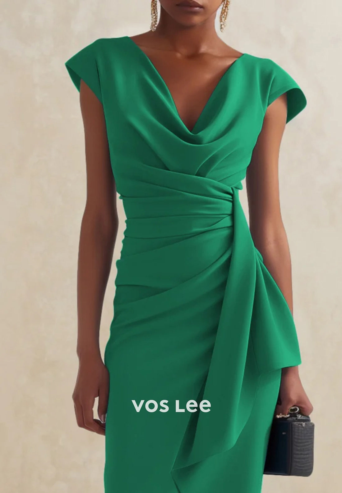 Classic Cap Straps V Neck Sheath Pleated Tea-Length Wedding Guest Dresses