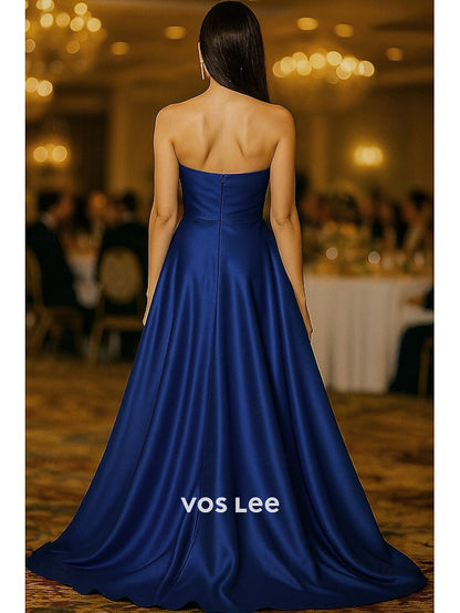 Royal Blue One-Shoulder A-Line Gown – Satin Formal Dress with Oversized Bow & High Slit