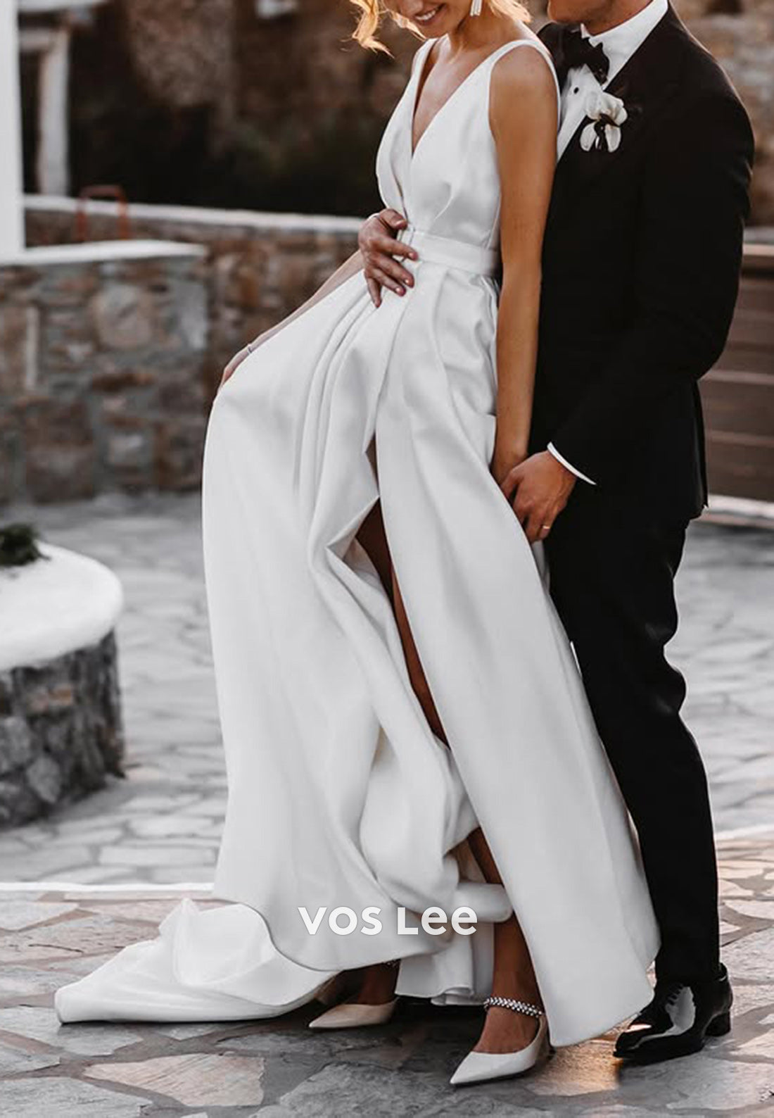 A-Line Regular Straps Plunging V-Neck Beach Pleated Wedding Dresses with High Split