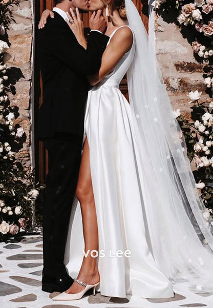A-Line Regular Straps Plunging V-Neck Beach Pleated Wedding Dresses with High Split