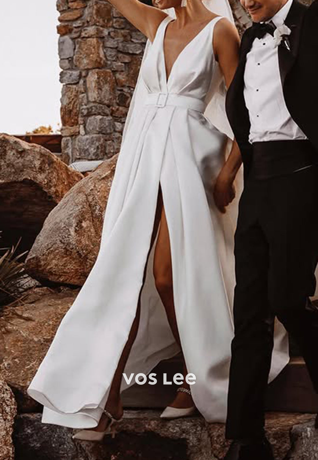 A-Line Regular Straps Plunging V-Neck Beach Pleated Wedding Dresses with High Split
