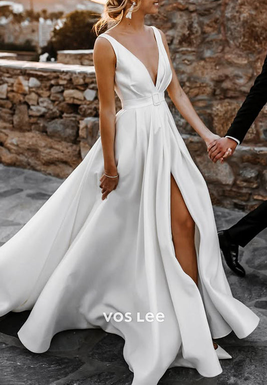 A-Line Regular Straps Plunging V-Neck Beach Pleated Wedding Dresses with High Split