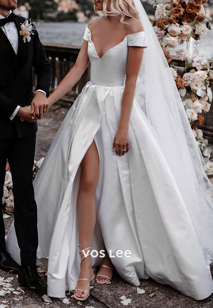 Classic & Timeless A-Line Off the Shoulder V Neck Pleated Wedding Dresses with Court Train