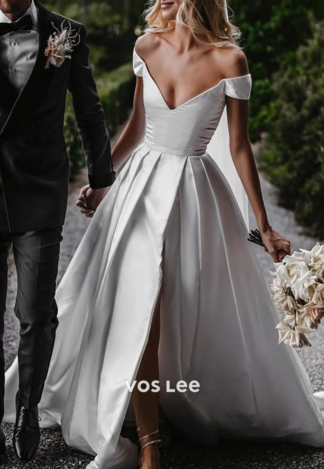 Classic & Timeless A-Line Off the Shoulder V Neck Pleated Wedding Dresses with Court Train