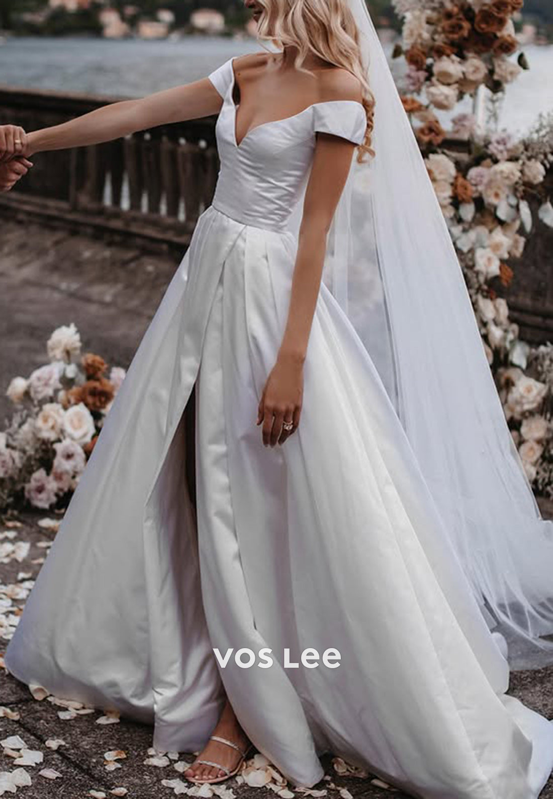Classic & Timeless A-Line Off the Shoulder V Neck Pleated Wedding Dresses with Court Train