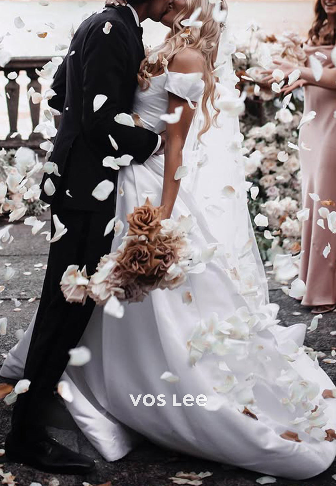 Classic & Timeless A-Line Off the Shoulder V Neck Pleated Wedding Dresses with Court Train