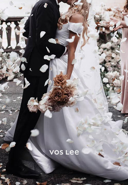 Classic & Timeless A-Line Off the Shoulder V Neck Pleated Wedding Dresses with Court Train