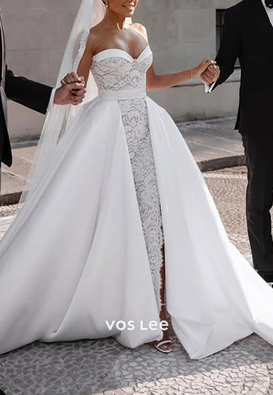 Luxurious Strapless Sweetheart Appliques Lace Sheath Wedding Dresses with Court Train
