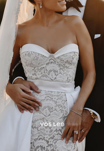 Luxurious Strapless Sweetheart Appliques Lace Sheath Wedding Dresses with Court Train
