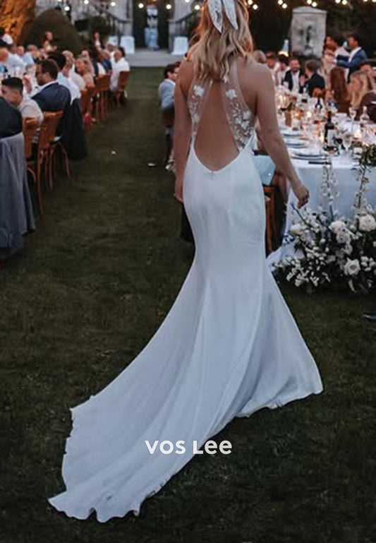 Glamorous & Dramatic Halter Mermaid Beach Long Wedding Dresses with Sweep Train