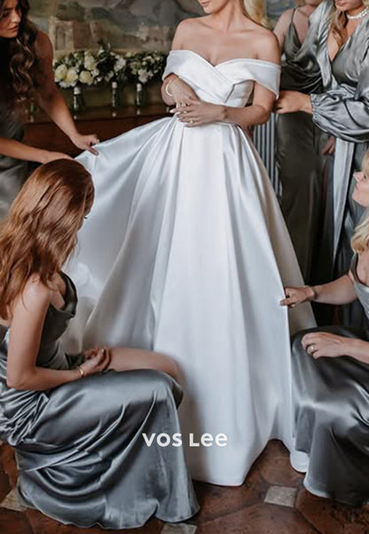 A-Line Criss-Cross Straps Off the Shoulder Beach Pleated Wedding Dresses with Chapel Train