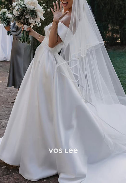 A-Line Criss-Cross Straps Off the Shoulder Beach Pleated Wedding Dresses with Chapel Train