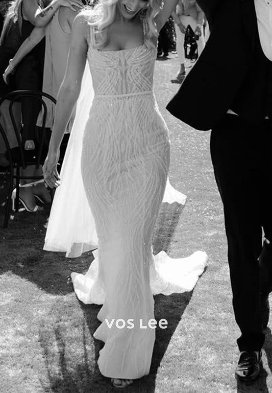 Sexy & Hot Spaghetti Straps Square Beach Mermaid Wedding Dresses with Sweep Train