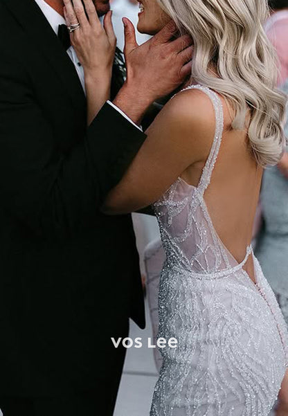 Sexy & Hot Spaghetti Straps Square Beach Mermaid Wedding Dresses with Sweep Train
