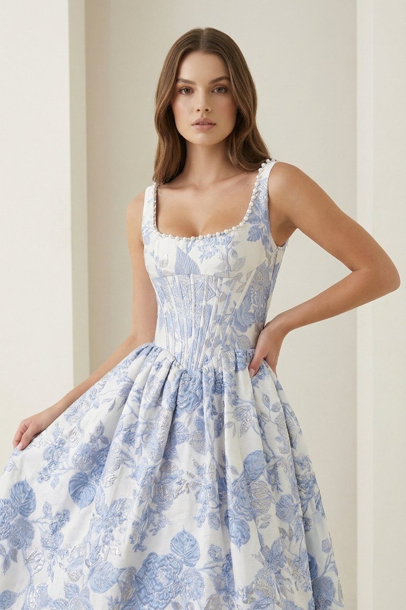 Blue Square Neck A Line Floral Jacquard Prom Dresses With Pearls
