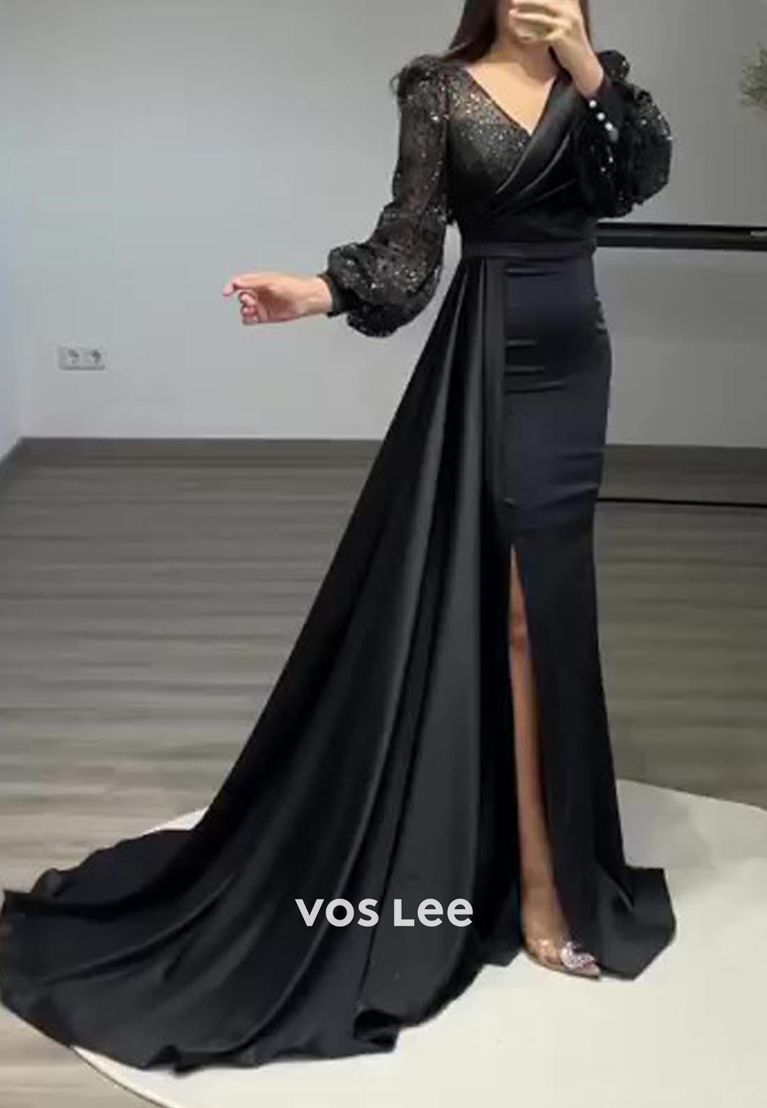 Long Sleeves Ruched Sequined Mermaid Evening Dress with Sweep Train