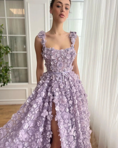 Chic Lilac 3D Embroidered Flowers Slit Evening Dress