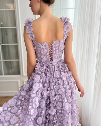 Chic Lilac 3D Embroidered Flowers Slit Evening Dress