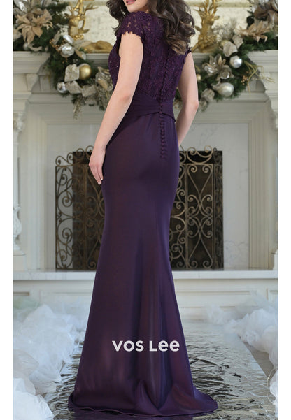 Sexy and Sleek Cap Sleeves V Neck Appliques Lace Sheath Mother of Bride Dresses