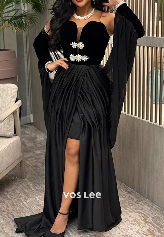 Luxury Black Velvet Beaded Diamonds Satin Long Prom Dress With Detachable Sleeves