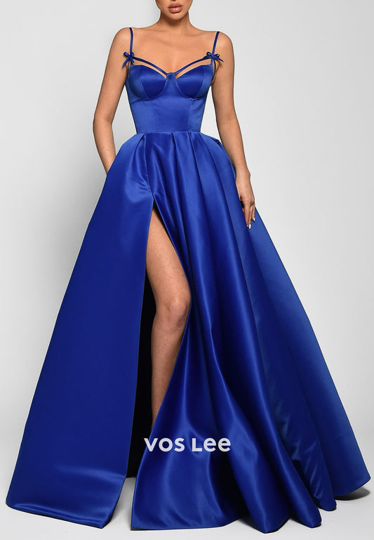 Royal Blue A-Line Spaghetti Straps Sweetheart Pleated Evening Dresses with Pockets