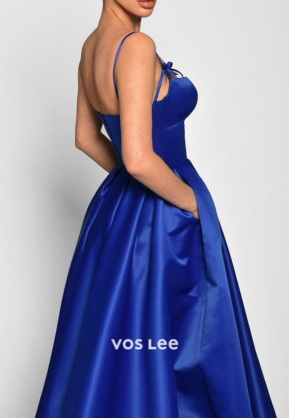 Royal Blue A-Line Spaghetti Straps Sweetheart Pleated Evening Dresses with Pockets