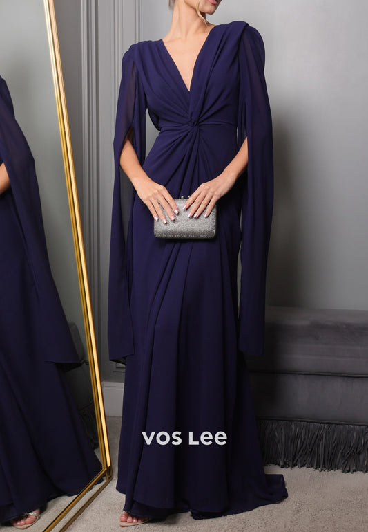 Couture & Ornate Long Sleeve V Neck Pleated Sheath Evening Dresses with Sweep Train