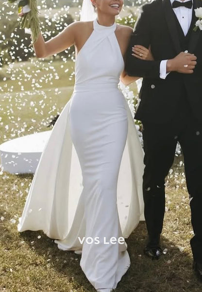 Simple & Classic Halter Satin Mermaid Wedding Dresses with Court Train