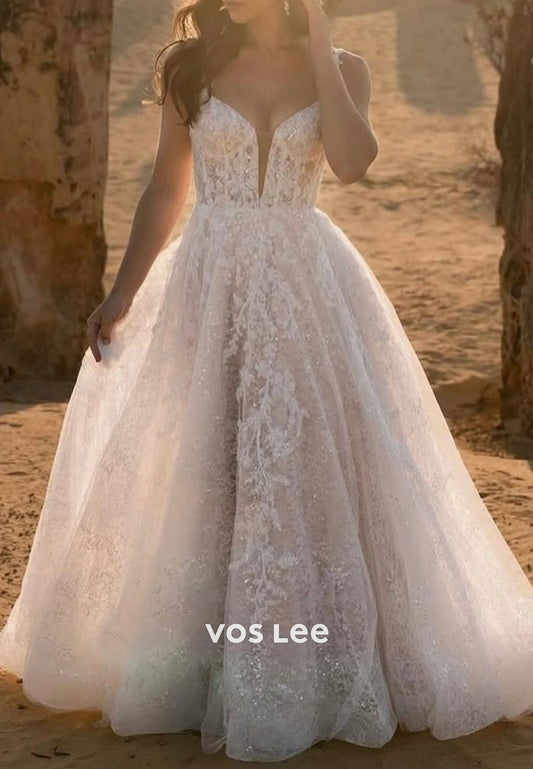 Spaghetti Straps V Neck A-Line Lace Appliques Wedding Dresses with Court Train
