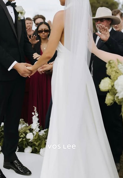 Simple & Classic Halter Satin Mermaid Wedding Dresses with Court Train
