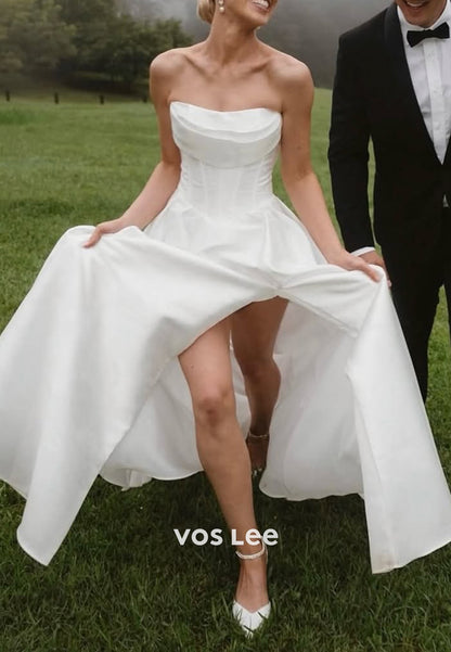 A-Line Strapless Scoop Pleated Wedding Dresses with High Split