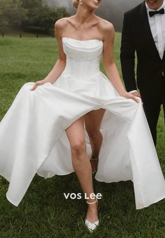 A-Line Strapless Scoop Pleated Wedding Dresses with High Split