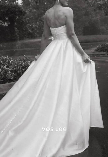A-Line Strapless Scoop Pleated Wedding Dresses with High Split